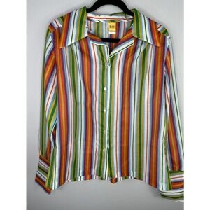 Groovy 70s Mod Women's Button-Up Multi Color Striped Blouse Size Medium
